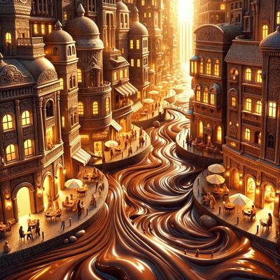 The primary subject of the image is a city street with a flowing river of chocolate. The setting is a cityscape with buildings and people, creating a unique and whimsical atmosphere. The visual style is a combination of digital art and illustration, giving the scene a surreal and artistic appearance. The colors and mood are predominantly warm and inviting, with the chocolate river serving as a striking focal point.